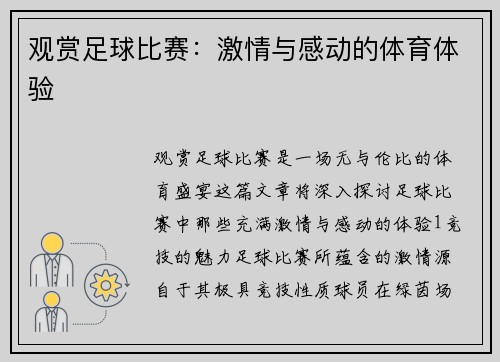 观赏足球比赛：激情与感动的体育体验
