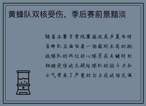 黄蜂队双核受伤，季后赛前景黯淡
