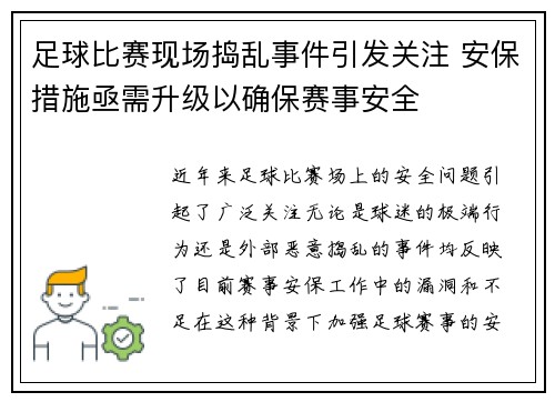 足球比赛现场捣乱事件引发关注 安保措施亟需升级以确保赛事安全