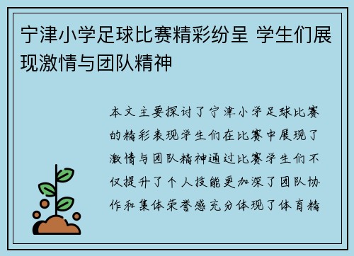 宁津小学足球比赛精彩纷呈 学生们展现激情与团队精神