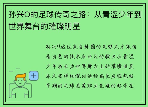 孙兴O的足球传奇之路：从青涩少年到世界舞台的璀璨明星
