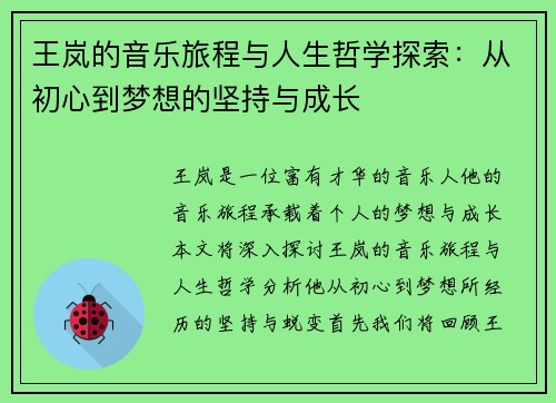 王岚的音乐旅程与人生哲学探索：从初心到梦想的坚持与成长