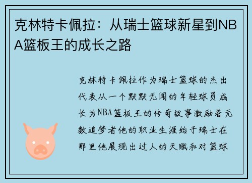 克林特卡佩拉：从瑞士篮球新星到NBA篮板王的成长之路