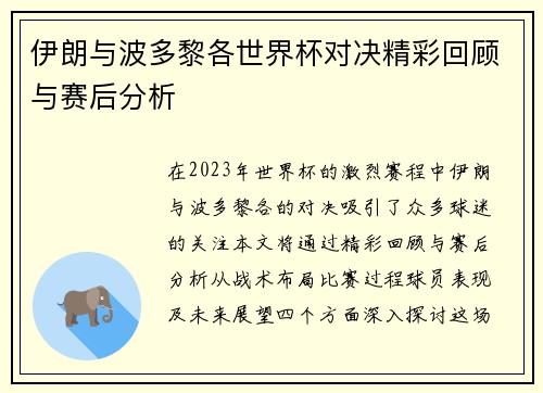 伊朗与波多黎各世界杯对决精彩回顾与赛后分析
