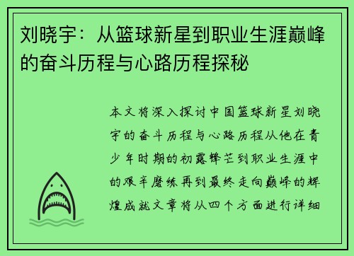 刘晓宇：从篮球新星到职业生涯巅峰的奋斗历程与心路历程探秘
