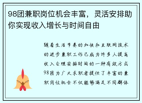 98团兼职岗位机会丰富，灵活安排助你实现收入增长与时间自由