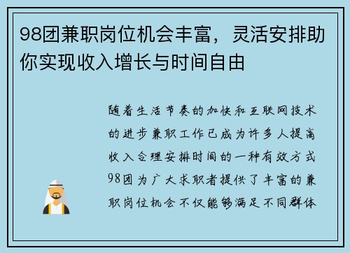 98团兼职岗位机会丰富，灵活安排助你实现收入增长与时间自由