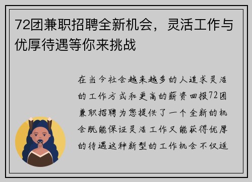 72团兼职招聘全新机会，灵活工作与优厚待遇等你来挑战